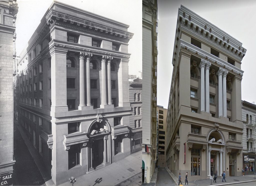 333 Grant Ave. San Francisco - showing the "1912" photo on the left and the 2014 photo on the right.