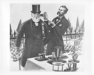 1876-1 -
An artist captures the historic moment at the Philadelphia Centennial Exposition of 1876, when Alexander Graham Bell demonstrated his new invention to Dom Pedro, Emperor of Brazil. The Emperor said, "My God! It talks."