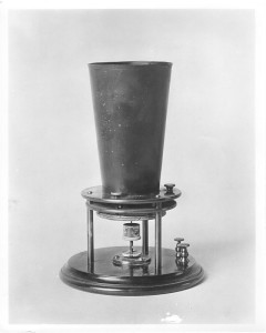 1876-2 -
1876 Liquid Telephone. "Mr. Watson, come here; I want you!" These historic words, the first articulate sentence ever spoken over an electric telephone, were uttered by A.G. Bell when he spilled on his clothes some sulphuric acid which was part of transmission apparatus. It was the night of March 10, 1876.