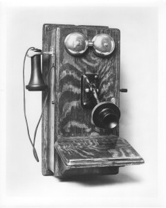 1900s-1 -
1907 Magneto Wall Set is a more modern version of the telephone with a built-in generator mechanism to provide current for signalling the operator