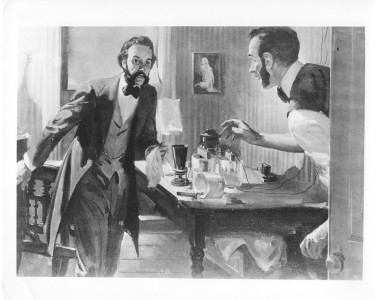 1875 -
Mr. Bell in his workshop in 1875 when he was 29. Mr. Watson saying "Mr. Bell, I heard every word you said-distinctly!"