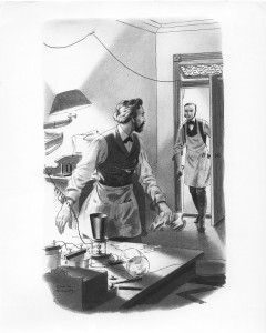 1875 -
Mr. Bell in his workshop in 1875 when he was 29. Picture is in booklet ALEXANDER GRAHAM BELL, 1958 edition, and the caption shows Mr. Watson saying "Mr. Bell, I heard every word you said-distinctly!"