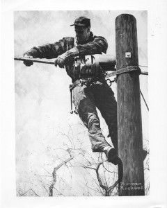 1959 -
This painting by Norman Rockwell was reproduced in a Bell System advertisement appearing March 1959, in the nation's leading magazines. The artist found the model John Toolan of Lenox, Mass., working atop a mountain near North Adams.