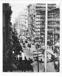 1880s -
Street Scene - Broadway from Maiden Lane, New York City in 1880's Before wires were placed in cables and beneath the surface - Some poles were ninety feet high and carried as many as 50 crossarms.