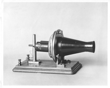 1876 -
Bell's Centennial model, 1876. "My word! It talks!" exclaimed Emperor Dom Pedro of Brazil on June 25, 1876, when he listened to the receiver of this early telephone at the Philadelphia Centennial Exposition. One of the judges, Sir William Thomson (later Lord Kelvin) called Bell's invention "the most wonderful thing in America."