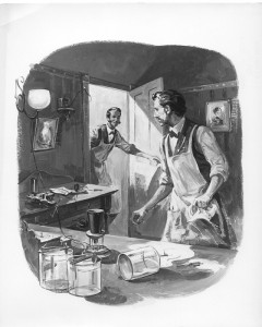 1875 -
The telephone carried its first complete sentence when Bell, about to test the transmitter shown on the table, inadvertently spilled sane acid and called to his assistant, "Mr. Watson, come here I want you. Thomas A. Watson, thinking it a test message, rushed in saying "Mr. Bell, I heard "every word you said—distinct1y."