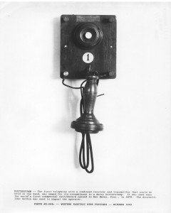 1877 -
In 1877 Bell designed the first set with a combined receiver an transmitter that could be held in on hand. It was made of wood and resembled a dairy butterstamp, hence its name. It was in service when the world's first commercial switchboard opened in New Haven in 1878. The pushbutton was used to signal the operator.
