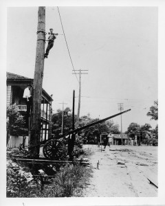 Plant Construction - Slacking off trolley spans before lifting pole.